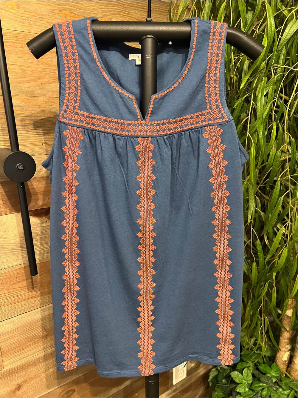 J Jill boho tank in blue with orange embroidery.  Notch neck. L.